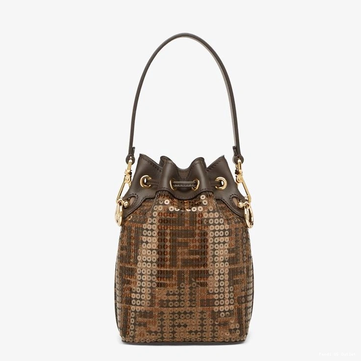 Vintage HOT Fendi Bag Motif Tresor Fabric Mon In Brown FF Sequins Mini with Bucket 0712
